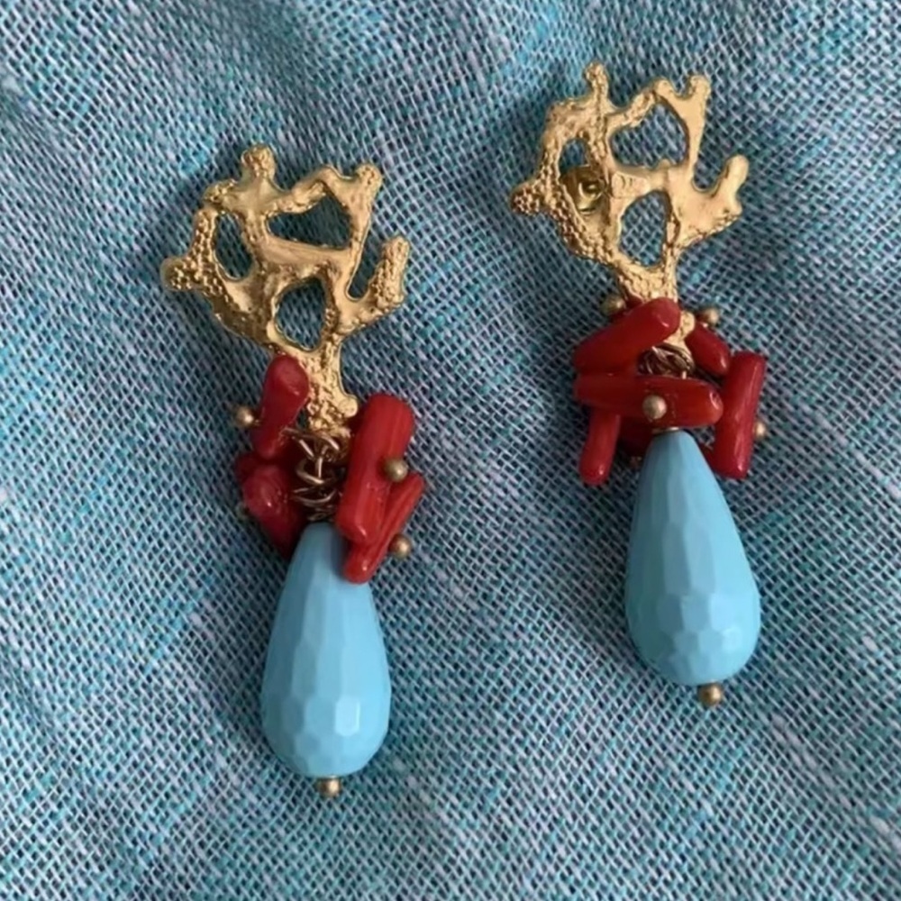 Gold Leaf Coral Blue Earrings - Picture 2 of 5
